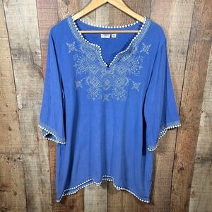 Cato Blue Embroidered Peasant Blouse Tunic Pom Pom Trim Split Neck Plus 18/20